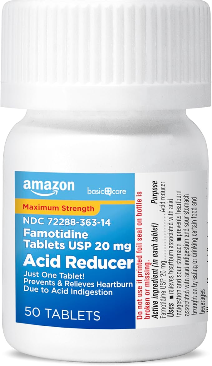 Amazon Basic Care Maximum Strength Famotidine Tablets 20 mg, Acid Reducer for Heartburn Relief, 50 Count