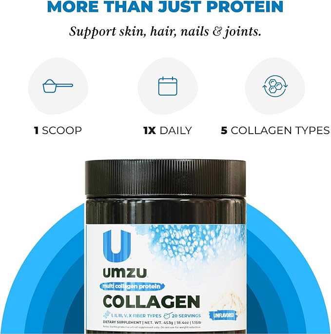 UMZU ZuCollagen Hydrolyzed Protein Powder | 5 Collagen Peptide Types for Healthy Hair, Skin, Nails, Joints & Gut | Low Calorie, High Protein (20g Protein per Serving | Unflavored)