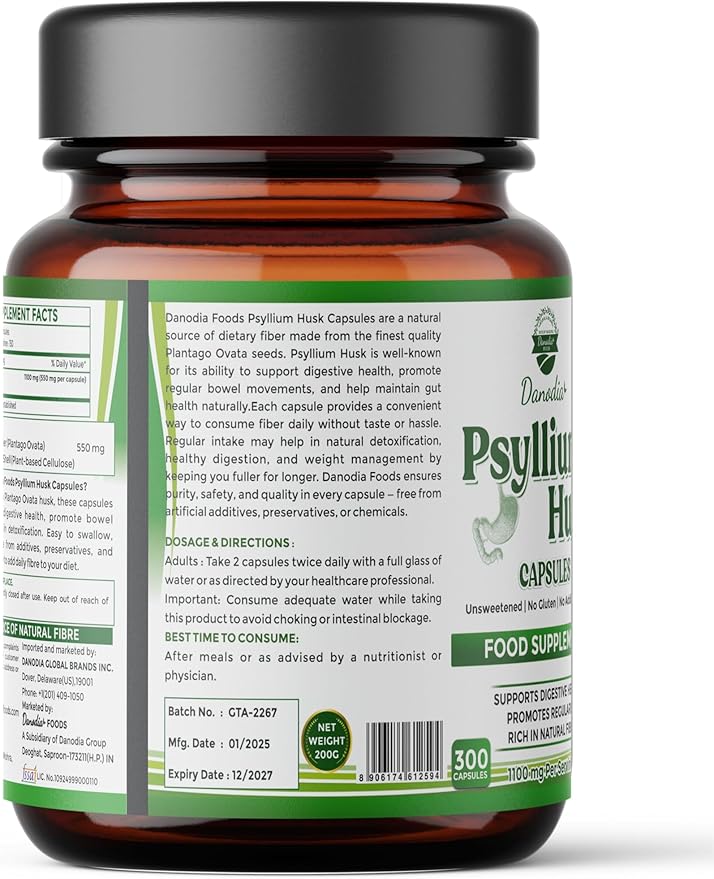 Danodia Foods Psyllium Husk Capsules – 300 Count | Veg Capsules | No additives or Filers | Gluten-Free, Non-GMO | Natural Fiber Supplement | No Artificial Colors or Preservatives