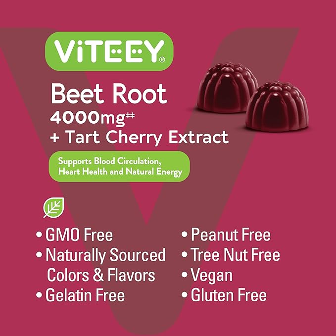 Viteey Beet Root Gummies 4000mg with Tart Cherry - for Healthy Blood Pressure Support - Vegan, Gelatin Free, Gluten Free - Tasty Chewable Berry Beet Flavored Gummy