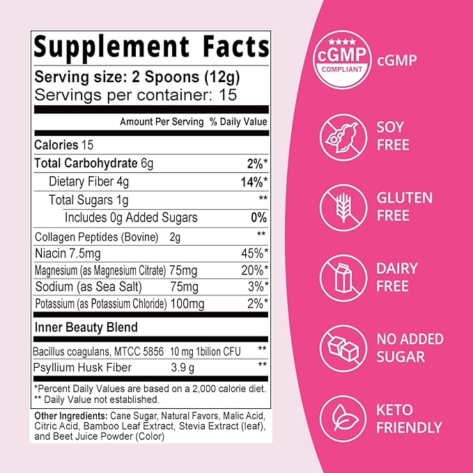 Fiber Supplement Powder with Probiotics & Collagen – Supports Digestive Regularity, Gut Balance & Debloating | Soluble Fiber Powder, Vegan Diets, Strawberry Lemon Flavor, 15 Servings