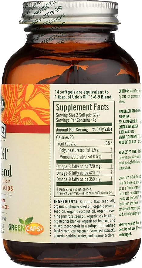 Flora Health Udo's Oil 3-6-9 Blend, Balanced Omega Fatty Acids from Flax, Sesame, Sunflower 90 Vegetarian Softgels