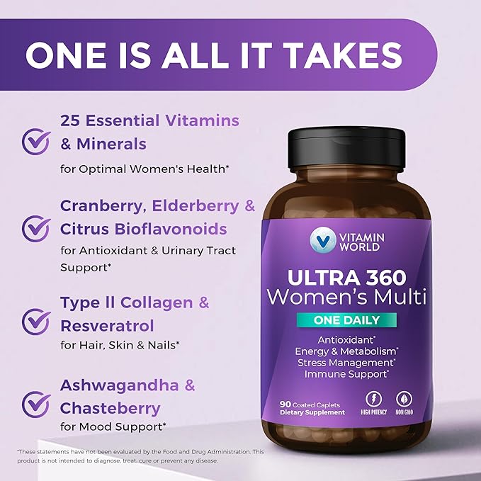 Vitamin World Ultra 360 Multivitamin for Women One Daily, Women's Multivitamin with Collagen, Ashwagandha & Antioxidants, Supplement with Vitamin A, B, C & D for Energy & Immune Support, 90 Caplets