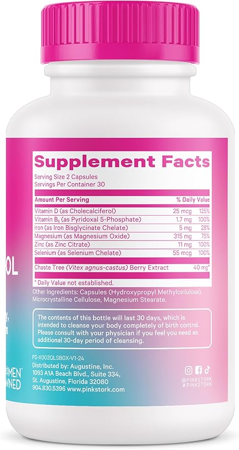 Pink Stork Birth Control Cleanse to Support Hormone Balance, with Chaste Tree Berry (Vitex), Magnesium, and Selenium, Period Support for Conception, Fertility Supplements for Women - 60 Capsules