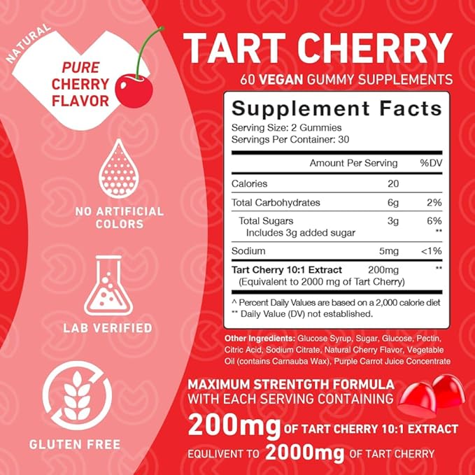 Tart Cherry Gummies – Uric Acid Flush for Joint Relief & Recovery, Raw Juice Extract Antioxidant – Non-GMO, Gluten Free, Vegan, 60 Count (Pack of 2)