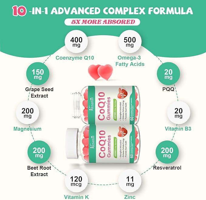 400MG CoQ10 Gummies with Omega-3, Vitamin B3 & Magnesium, Helps Support Hear-t Health, Cellular Energy & Antioxidant, Vegan, Gluten Free, Non-GMO 60 Counts