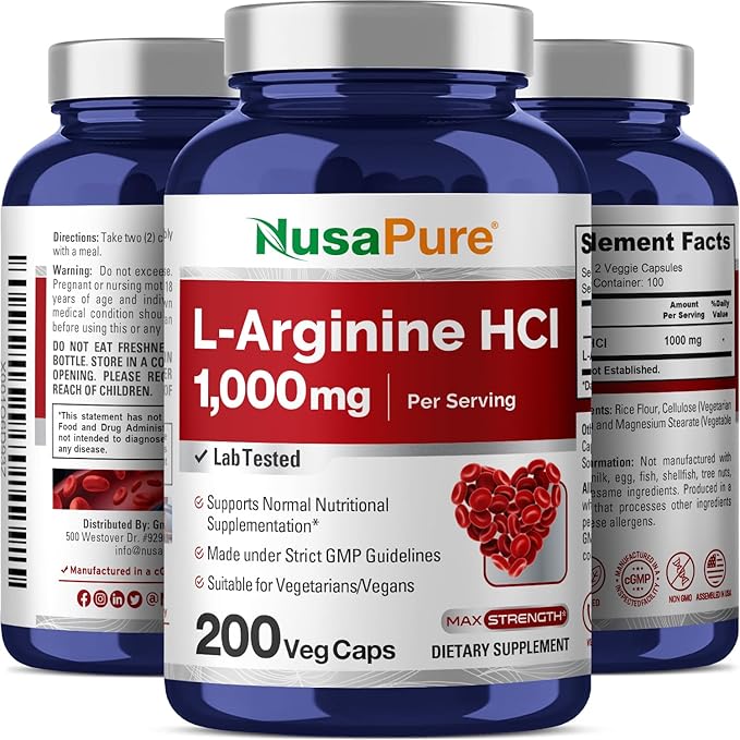 NusaPure L-Arginine 1000 mg 200 Veggie Capsules (Non-GMO, Vegetarian, Vegan)