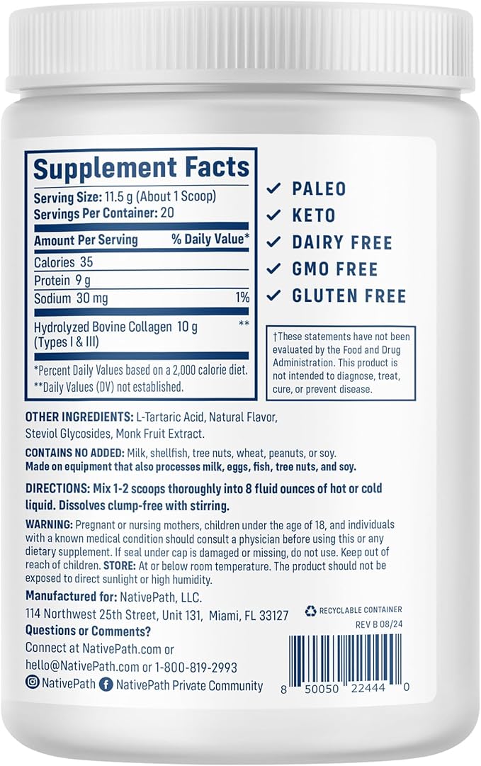 NativePath Collagen Peptides - Hydrolyzed Type 1 & 3 Collagen. Keto & Paleo Grass-Fed Protein Powder for Hair, Skin, Nails, Bones, Joints, Digestion and More - No Gluten or Dairy (Wild Berry, 230g)
