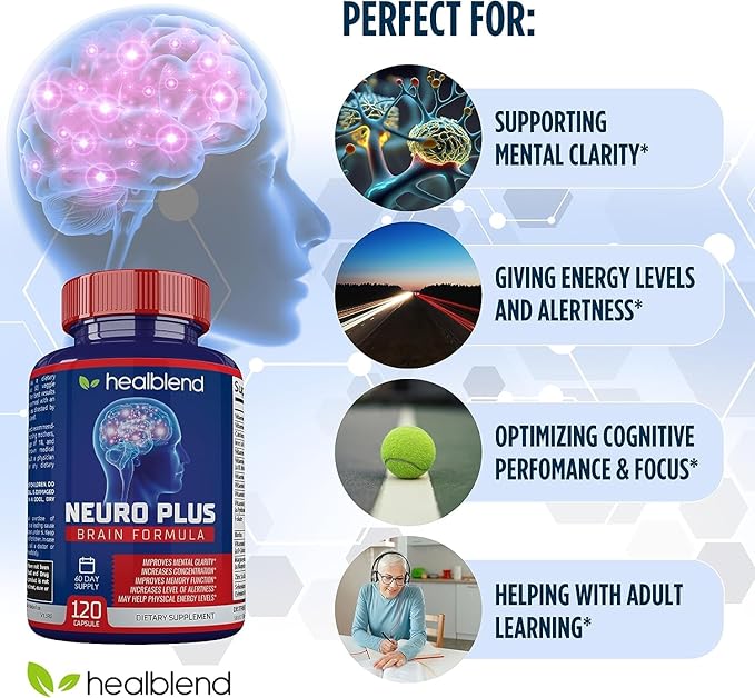healblend Neuro Plus Brain & Focus Formula - Brain Booster Supplement, Supports Mental Clarity & Focus - Enhances Concentration & Mental Energy – 120 Capsules (3 Pack)