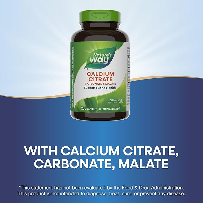 Nature's Way Calcium Citrate, 500 mg Calcium per 2-Capsule Serving, for Bone Health & Muscle Function*, Blend of Citrate, Carbonate & Malate, Gluten Free, 250 Capsules (Packaging May Vary) - 2 Pack