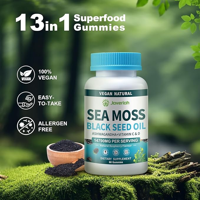 Vegan Ashwagandha Sea Moss Gummies - Black Seed Oil, Vitamin C&D for Immune Support, Digestive, Antioxidant 13 in 1 Bundle, Sea Moss Chlorophyll Advanced Strength Formula 2Pack 120 Gummies