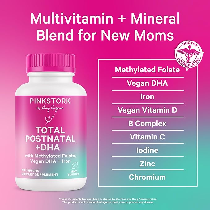 Pink Stork Total Postnatal Vitamins for Women - Mint Essenced Capsules with Vegan DHA, Iron, Folate, and Vitamin B12, Postpartum Recovery Essentials - 1 Month Supply