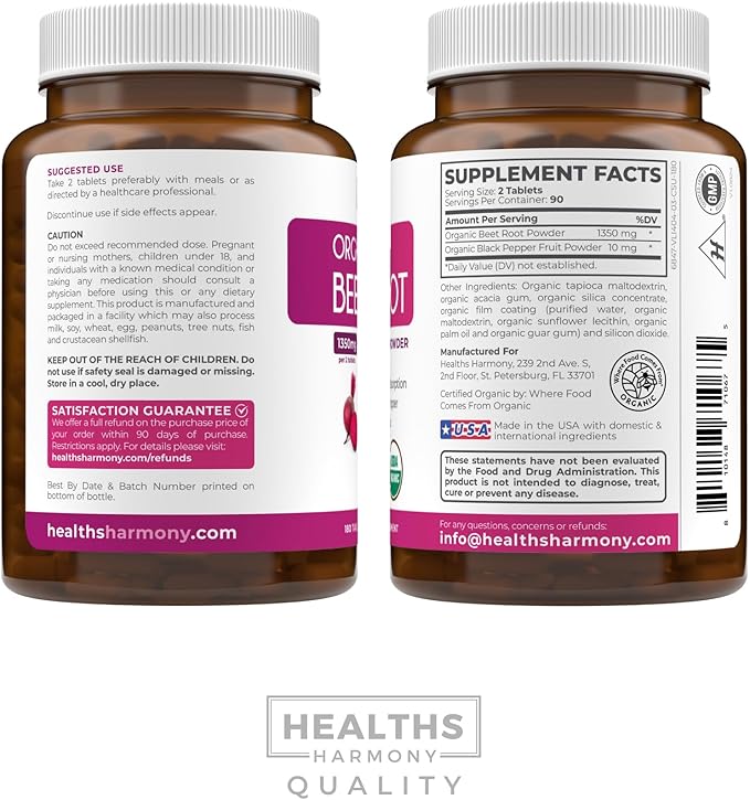 Organic Beet Root Powder Tablets - Extra Strength Beet Supplement with Black Pepper Extract for Enhanced Absorption to Support Heart Health Nitric Oxide Production & Athletic Performance (3 Months)