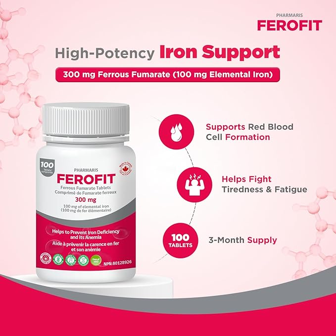 Ferofit - Ferrous Fumarate Tablets 300mg | 100mg of Elemental Iron | Prevent Iron Deficiency Anemia | Prevent Associated Tiredness & Fatigue
