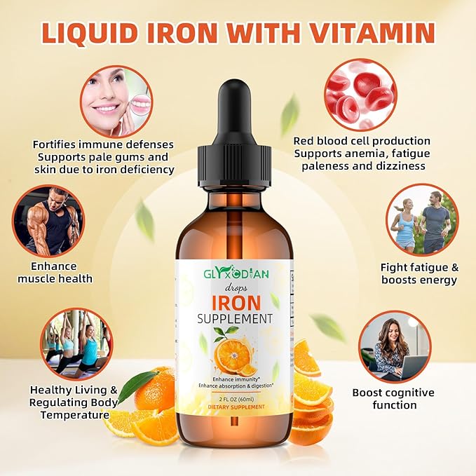 Iron Liquid Drops for Women & Men - 18mg High Absorption Liquid Iron Supplement for Anemia, Red Blood Cell, Energy Support & Immune Health, Vegan, Non-GMO, Natural Orange Flavor (2 Fl Oz)
