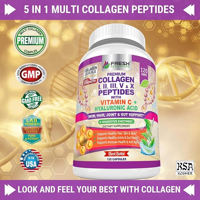 FRESH HEALTHCARE Multi Collagen Pills with Type I, II, III, V & X Peptides with Vitamin C, Hyaluronic Acid - Supports Healthy Hair, Skin, Nails and Joints - 120 Kosher Capsules