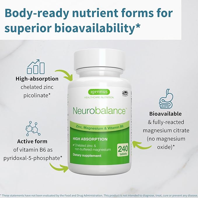 Igennus Neurobalance High Absorption Zinc Magnesium & B6 Complex, Cognitive Support, Focus & Recovery, 24mg Chelated Zinc Picolinate, Oxide-Free Magnesium, Vegan, Non-GMO, 240 Tablets