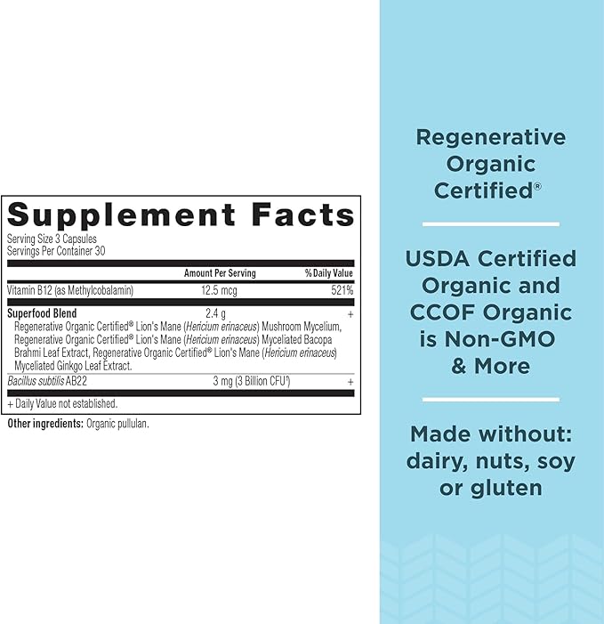 Ancient Nutrition Regenerative Organic Certified Focused Brain Capsules, Made with Ginkgo Leaf, Lion's Mane to Help Reduce Stress, Gluten Free, Paleo and Keto Friendly, 90 Count