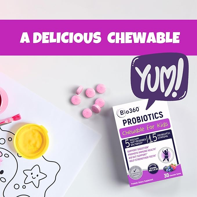 Probiotics for Kids - 15 Strains & 5 Billion CFU Supports Brain, Immune & Digestive Health - Kids Probiotic Chewable with Organic Prebiotics for Gut & Constipation, Mixed Berry Flavor, 30 Count