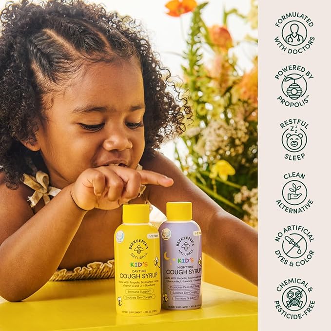 Beekeeper's Naturals Kids Honey Cough Syrup – Day & Night Value Pack – Immune Support with Elderberry, Vitamin C, D, Propolis & Raw Honey – Soothing, Clean Ingredients – Two Pack, 2 x 4 fl oz