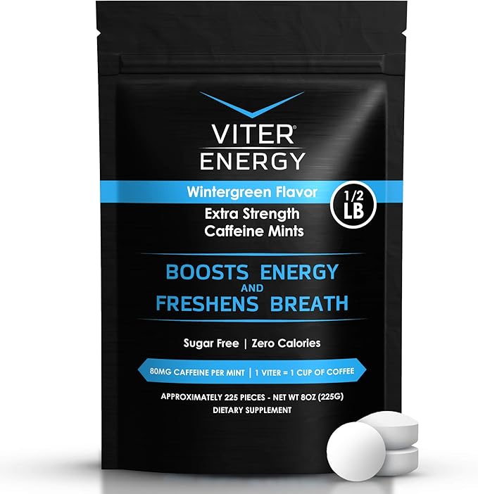 Viter Energy Extra Strength Caffeinated Mints 80mg Caffeine, B Vitamins, Sugar Free. (Wintergreen, 8oz, Bulk Bag)