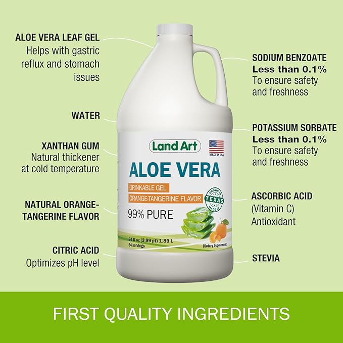Pure Aloe Vera Drinkable Gel - Orange Tangerine Flavored - Cold-Processed Inner Filet - from Organic Fresh Leaves from Texas - for Heartburn Relief - Acid Reflux - 64 fl oz