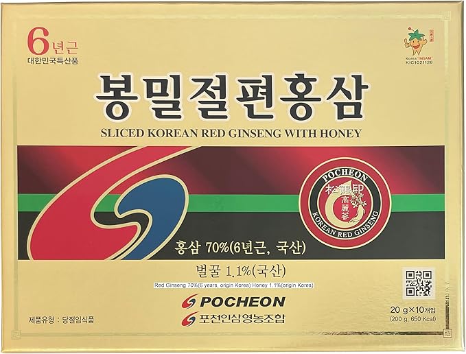 Pocheon 200g(10ea X 20g) 6Years Sliced Korean Panax Red Ginseng Roots with Honey, Saponin, Natural Immune Support
