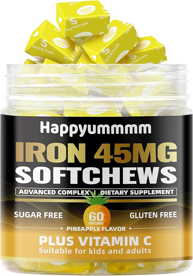 Iron Soft Chews Supplement with Vitamin C | Pineapple Flavored | Gluten Free | Iron Supplement for Women Men and Kids | 60 Count | 2 Month Supply
