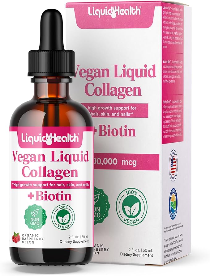 LIQUIDHEALTH 100% Vegan Collagen Plus Biotin 100,000mcg Liquid Drops - Plant-Based Liquid Collagen for Women & Men - Hair & Nail Growth, Skin Health, Boosts Metabolism - Made in USA, Non-GMO (2 oz)
