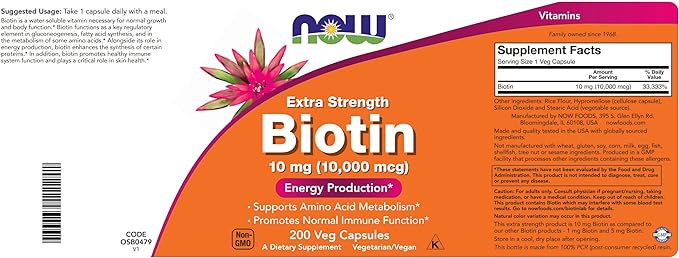 NOW Foods Extra Strength Biotin 10000mcg / 10 mg - 200 Count - Hair, Skin, Nail - Supplement for Men and Women - B7 Vitamin - Vegetarian, Vegan, Non-GMO