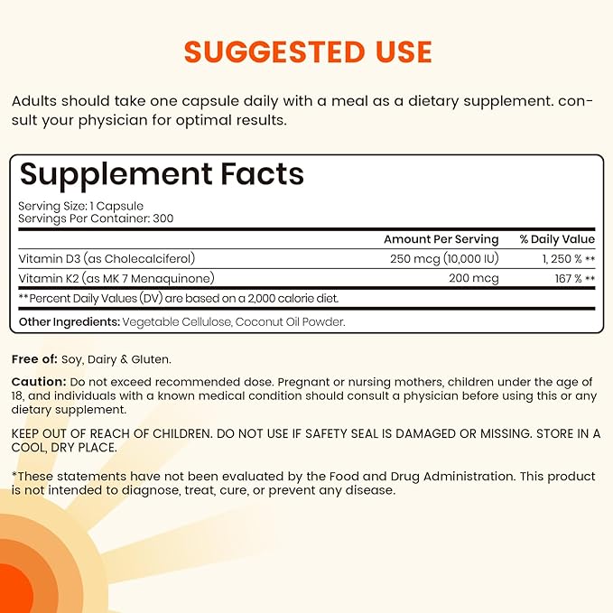 VEV Vitamin D3 K2, 10,000 IU D3, 200mcg K2 (with MK7), Supports Bone and Teeth Health, Dual Nutrient Support for Daily Wellness, Easy to Swallow (Packaging May Vary) – 300 Capsules