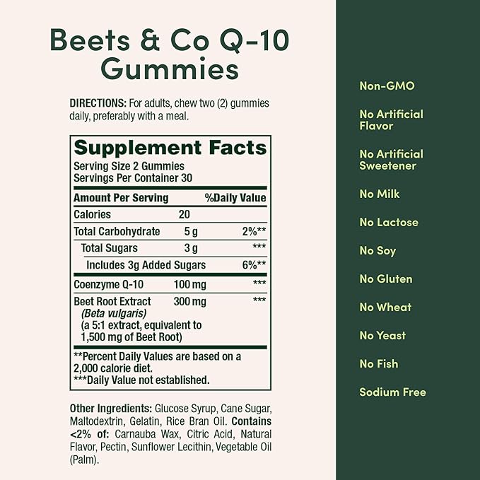 Nature's Bounty Beets & Co Q-10 Gummies for Heart Health, Coenzyme Q10, Beet Root Extract, Supports Healthy Circulation and Heart Function, Cellular Energy Production, Raspberry Flavor, 60 Gummies