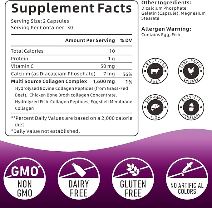 Multi Collagen Peptides Capsules – 4 Natural Sources – Types I, II, III, V & X – 60 Capsules