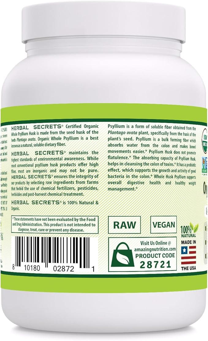 Herbal Secrets Whole Psyllium Husk Powder Supplement | 5 Grams per Serving | Non-GMO | Gluten-Free | Made in USA (16 Oz, Unflavored)