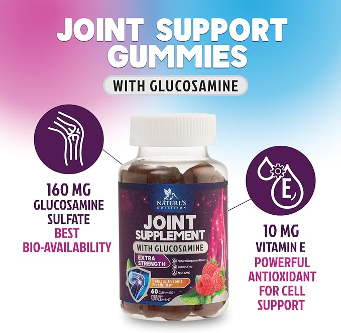 Joint Support Gummies Glucosamine Plus Vitamin E - Nature's Joint Support Supplement for Occasional Discomfort for Back, Knees & Hands - Cartilage & Joint Health & Flexibility Support - 60 Gummies