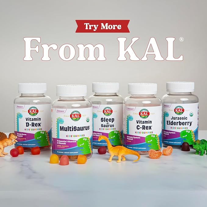 KAL Vitamin D-Rex - Vitamin D Gummies for Kids - Kids Vitamin D3 - Peach, Mango, and Strawberry Flavors - Immune, Heart, Bone & Oral Support - Vegetarian, Gluten Free - 60 Servings, 60 Gummies
