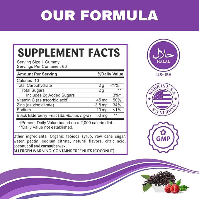 Greenfield Nutritions Halal Immune Support Elderberry Gummies for Kids - Supports Your Immune System Naturally with Halal Zinc and Vitamin C Gummy Halal Vitamins - 60 Delicious Kids Gummy Vitamins