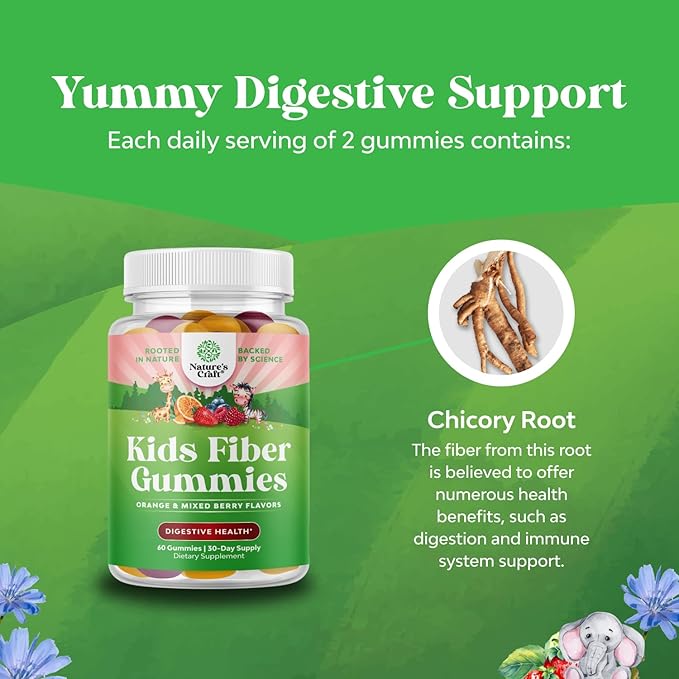 High Prebiotic Fiber Gummies for Kids - Dietary Fiber Supplements for Digestion & Constipation - Chicory Root Kids Immune Gummies - Non-GMO & Vegan Digestive Nutritional Supplements - 60 Count
