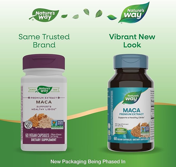 Nature's Way Maca Premium Extract, Supports a Healthy Libido*, Standardized to 0.6% Glucosinolates, Non-GMO Project Verified, 60 Vegan Capsules (Packaging May Vary)