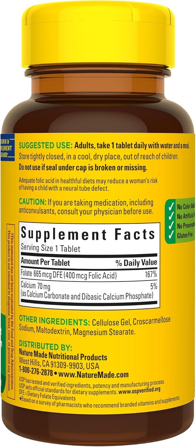 Nature Made Folic Acid 400 mcg (665 mcg DFE), Dietary Supplement for Nervous System Function, 250 Tablets, 250 Day Supply