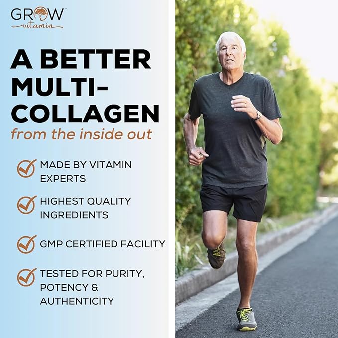 grow vitamin Multi Collagen Capsules, 1800MG (Types I, II, III, V & X) - Non-GMO, Grass Fed Collagen - Anti Aging Support for Hair, Skin, Nails - Protein Pills for Joint Support - 90 Capsules
