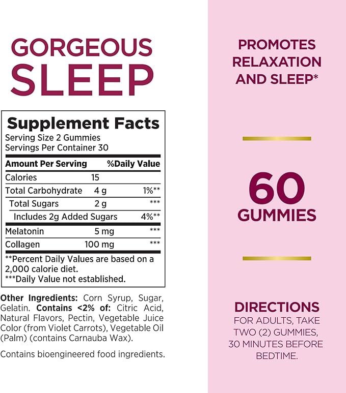 Nature's Bounty Optimal Solutions Gorgeous Sleep Melatonin 5mg Gummies with Collagen, 60 Count, Assorted Fruit Flavors, 30 Total Servings