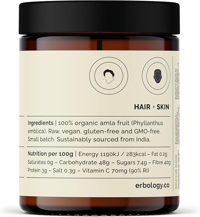 Erbology Organic Amla Powder 3.2 oz - 45 Servings - Indian Gooseberry - Skin and Hair Regeneration - Rich in Vitamin C - Sustainably Sourced Straight from Farm in India - Small Batch - GMO-Free