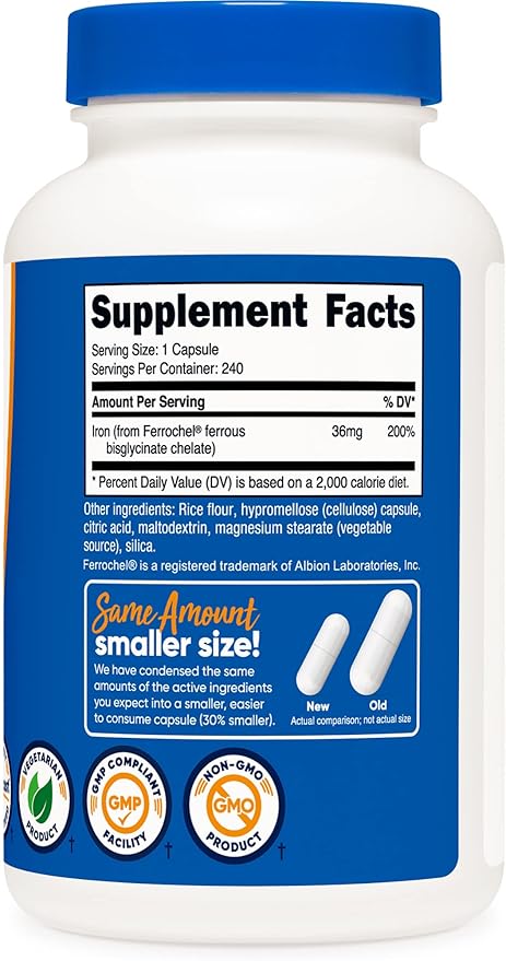 Nutricost Chelated Iron, As Ferrochel, 36mg, 240 Capsules (2 Bottles)
