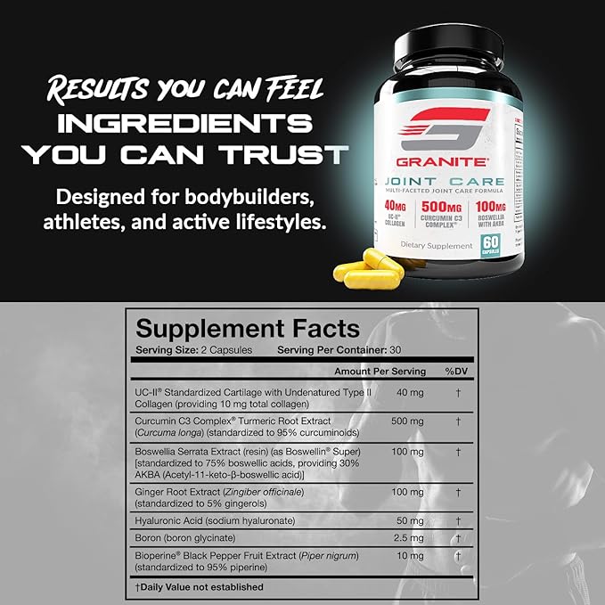 Granite Joint Care: Premium UC-II Collagen, Turmeric Curcumin C3, AKBA Boswellia + More - All-in-One Support for Joint Mobility, Comfort & Strength (60ct)