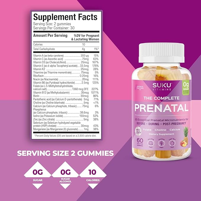 SUKU Prenatal Multivitamin Gummies – Folate, Calcium, Vitamin D3, B12, K2 – Sugar-Free, Vegetarian, Gluten-Free Pregnancy Support – Pineapple Peach Flavor – 60 Count