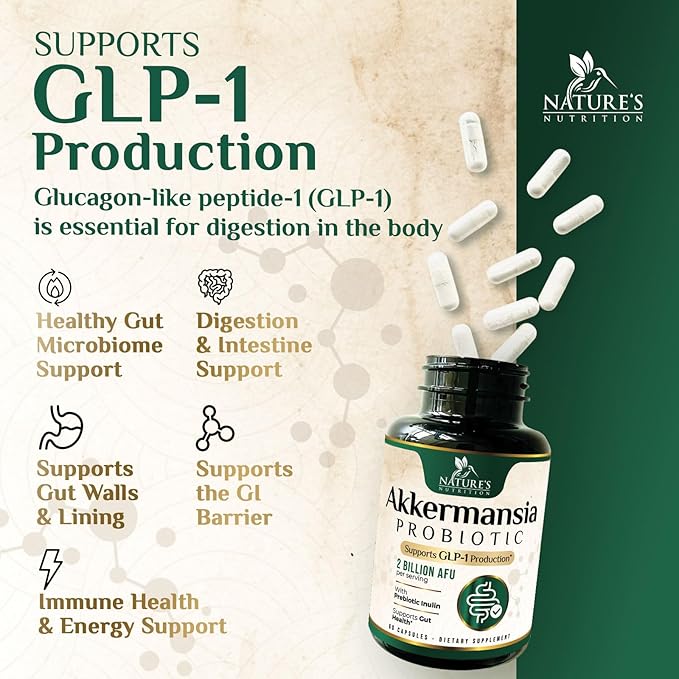 GLP-1 Akkermansia Probiotic Supplement for Women & Men, Akkermansia Muciniphila GLP 1 Probiotics with Prebiotic, 2 Billion AFU, Natural Digestive, Gut Health, & GLP 1 Production Support, 60 Capsules