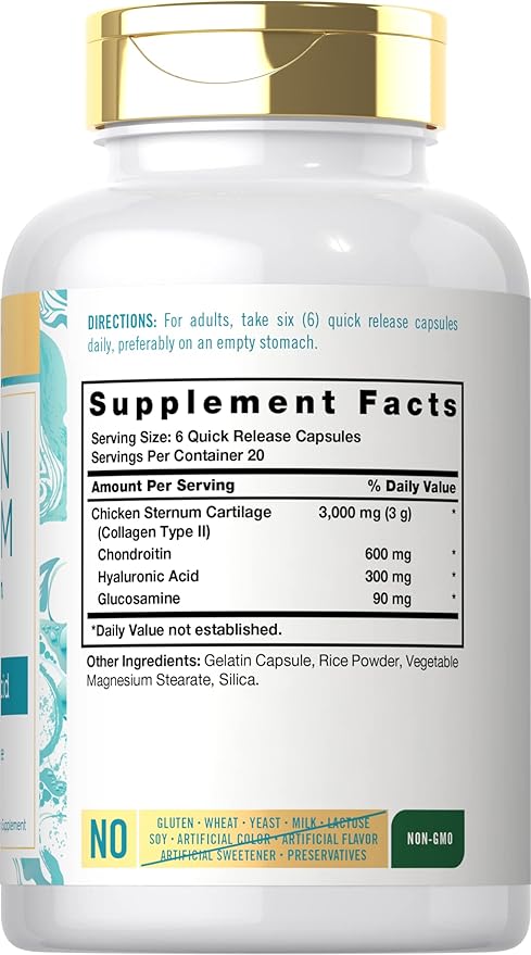 Carlyle Chicken Sternum Cartilage Collagen Capsules | Type II 3000mg | 120 Pills | with Hyaluronic Acid | Non-GMO, Gluten Free