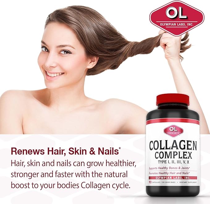 Olympian Labs Multi Collagen Complex Type I, II, III, V, X, Hair, Nails, Joint, Gut Health, 90 Caps, 30-Day Supply