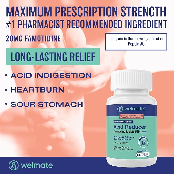 WELMATE - Famotidine Acid Reducer, 20mg - Maximum Strength - Heartburn Relief - Acid Indigestion - Stomach Relief - Works in 15 Minutes, 12 Hour Relief - Generic Medication - Value Size - 300 Tablets
